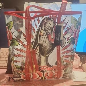NWT Ed Hardy Large Red Transparent Tote Bag with PVC Design